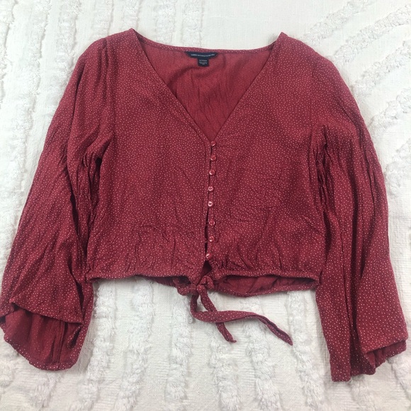 American Eagle Polka Dot Bell Sleeve Crop Top with Tie Front | XS - Picture 4 of 8